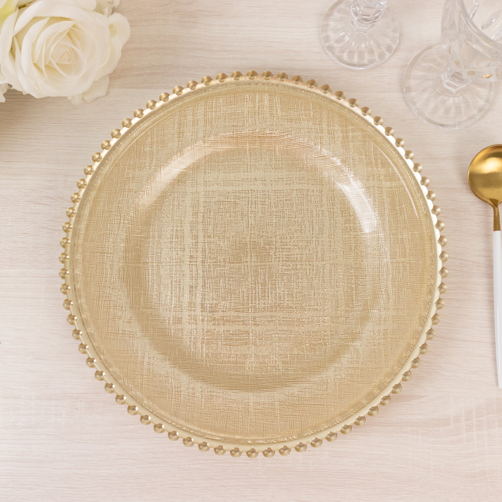 8-Pack Glass Charger Plates 12" Round Gold with Beaded Rim & Cross-Stitch Pattern - Event Tabletop Decorative Dinner Charger Tableware